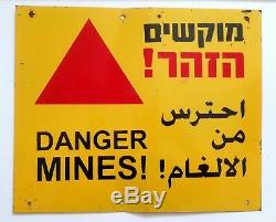 IDF Genuine Metal Sign DANGER MINES 3 Languages Israel / Jordan Border Used