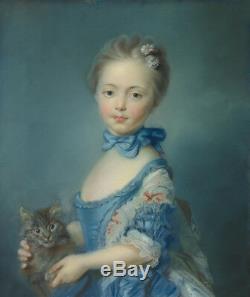 Ancien Maître-art Peinture À L'huile Antique Art Petite Fille Et Un Chat Sur Toile 20x24