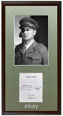 Carte autographe signée à la main de Moshe Dayan en hébreu, IDF Israël + photo + cadre juif