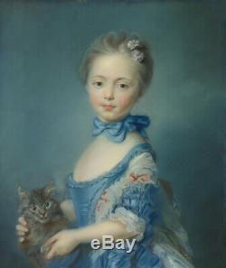 Old Master-art Huile Portrait Antique Peinture Petite Fille Chat Sur Toile 20x24